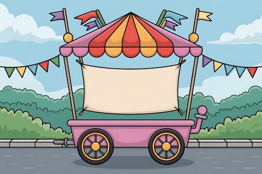 Illustrated Pink Carnival Cart with Blank Banner and Colorful Flags Under Blue Sky Outdoor Backdrop