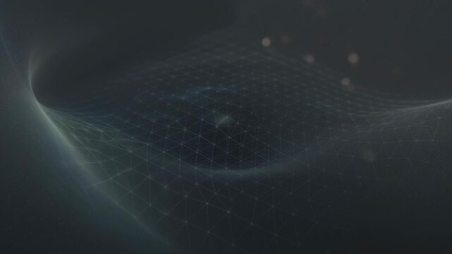 Digital network grid surface with flowing particles in a dark abstract background.
