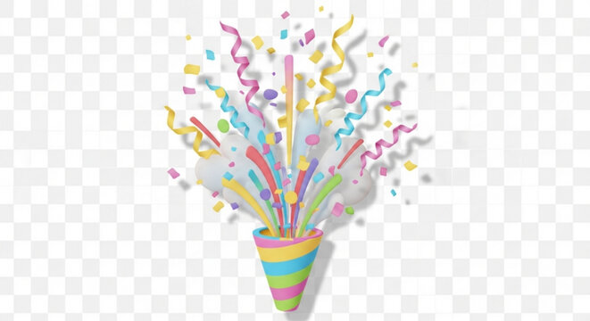 A colorful illustration of a party popper with confetti and ribbons exploding from a striped cone on a transparent background