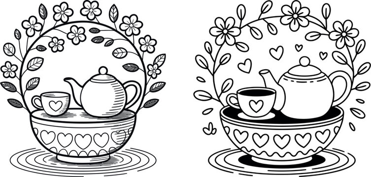 Doodle style floral teapot and teacup set with heart decoration afternoon tea time decoration illustration whimsical beverage breakfast