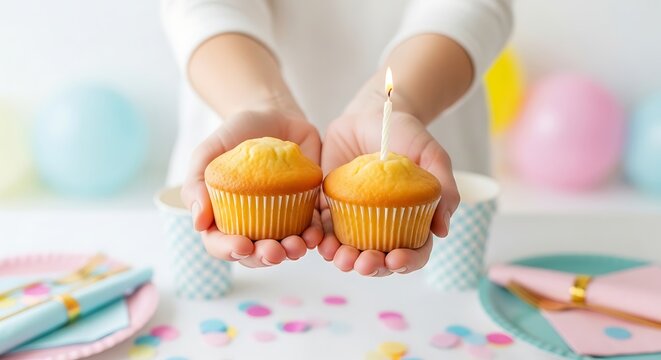 Delicate Birthday Cupcakes Held by Hands with Candle in Soft Color Party Setting