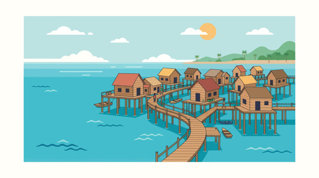 An illustration of a tropical village built on stilts over calm ocean waters with a walkway leading to the shore under a sunny sky.