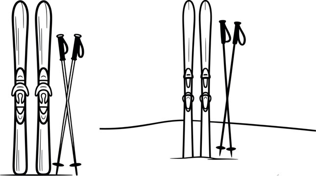 Pair of skis and ski poles on snowy ground outline illustration ski gear winter sports equipment activity mountain illustration downhill