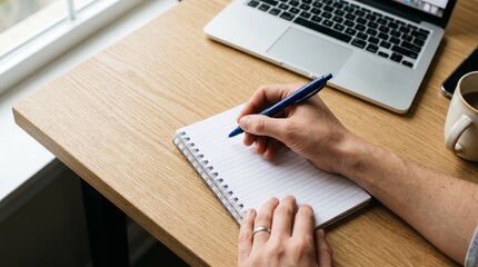 Fototapeta premium Person writing in spiral notebook at desk
