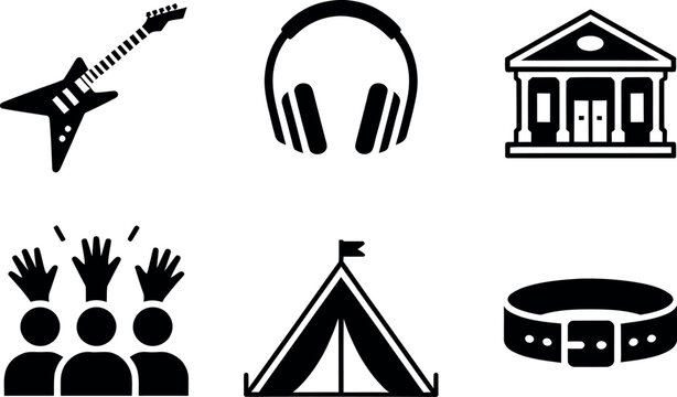 Collection of vector icons representing music education recreation fashion with collection illustration education recreation headphones building