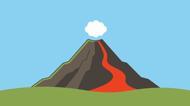 Erupting volcano mountain spews lava on green hillside landscape
