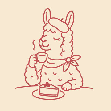 Llama in beret drinking coffee with cake on table, simple line art illustration for cafe branding, dessert menus, bakery concepts and food themed design projects.