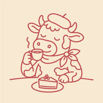 Cow in beret drinking coffee with cake on table, simple line art illustration for cafe branding, dessert menus, bakery concepts and food themed design projects.