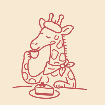 Giraffe in beret drinking coffee with cake on table, simple line art illustration for cafe branding, dessert menus, bakery concepts and food themed design projects.