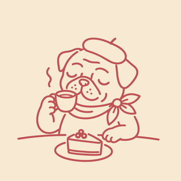 Pug in beret drinking coffee with cake on table, simple line art illustration for cafe branding, dessert menus, bakery concepts and food themed design projects.