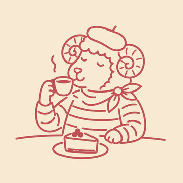 Ram in beret drinking coffee with cake on table, simple line art illustration for cafe branding, dessert menus, bakery concepts and food themed design projects.