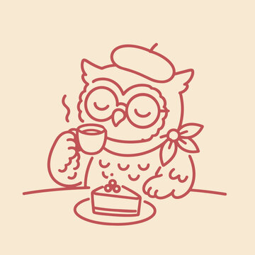 Owl in beret drinking coffee with cake on table, simple line art illustration for cafe branding, dessert menus, bakery concepts and food themed design projects.