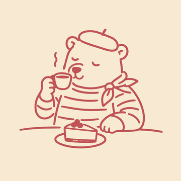 Bear in beret drinking coffee with cake on table, simple line art illustration for cafe branding, dessert menus, bakery concepts and food themed design projects.