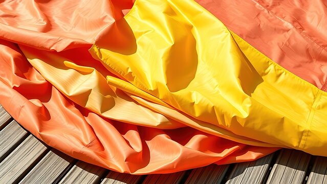 spinnaker. Folded nylon spinnaker sail on wooden deck, colorful textures. product launch decks, UI/UX mockups, designed for data visualization dashboards and holographic UIs.