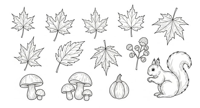 Autumn nature elements collection hand drawn sketch style.