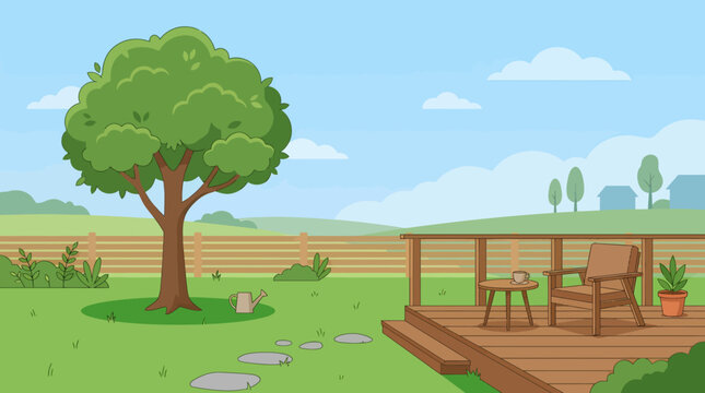 A serene backyard scene with a tree, deck, chair, table, and potted plant on a sunny day.