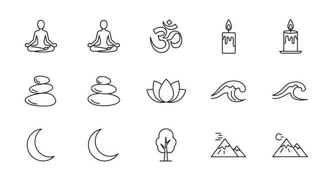 Yoga Meditation Icons: Zen, Spirituality, Nature, and Balance Symbols