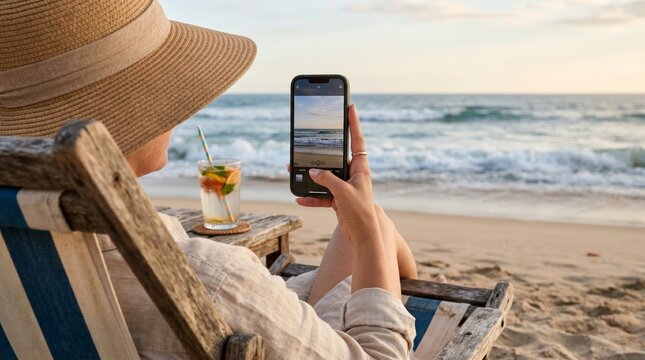 Person taking photo of ocean on smartphone