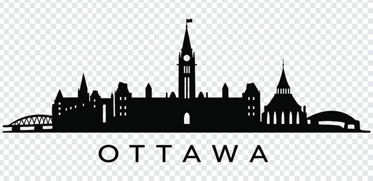 Black silhouette of ottawa city skyline with clock tower and bridges