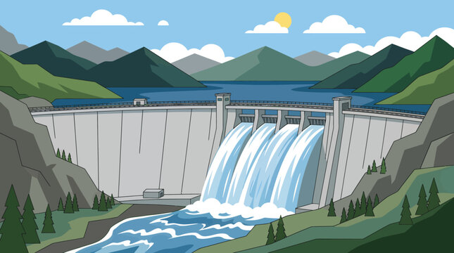 A large dam spills water into a river surrounded by mountains.