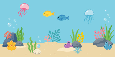 Underwater sea life vector set with coral reef seaweed and ocean animals collection © kim jin young