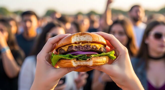 Hands Holding Burger in Front of Crowd