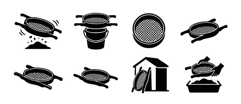 Sieve icon set, kitchen strainer and industrial sand sifter silhouettes for filtering, straining, or grading material, flat vector graphic symbols collection for cooking, gardening, and construction.