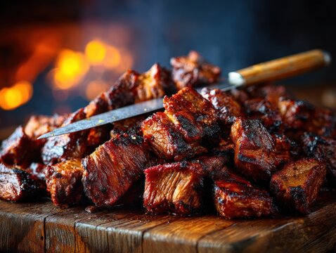 Grilled meat cubes on wooden board