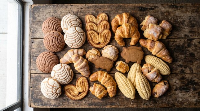 Assorted traditional Mexican breads on rustic wooden table