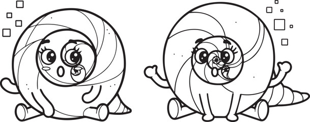 Set of Two Cute Spiral Shell Characters in Bold Line Art Style for Kids Coloring Pages and Marine Life Design silhouette vector © Mubeen