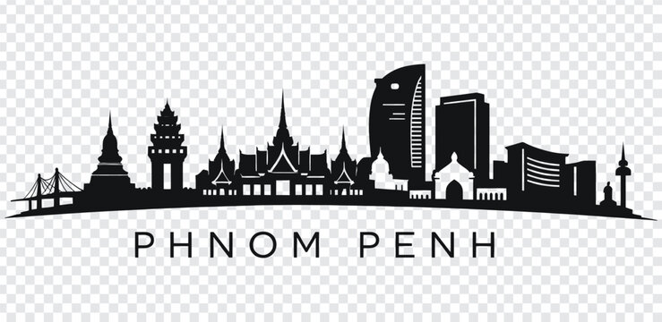 Black silhouette city skyline of phnom penh with various buildings and towers
