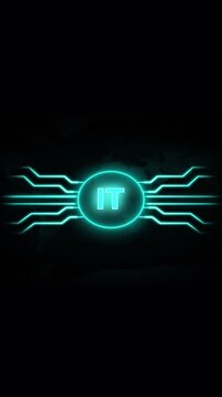 Neon IT symbol on digital circuit board with pixel map. IT symbol technology. Neon IT symbol animation over circuit board for international information systems visuals.