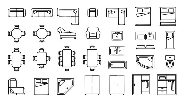 Set of architectural furniture top view vector line illustrations
