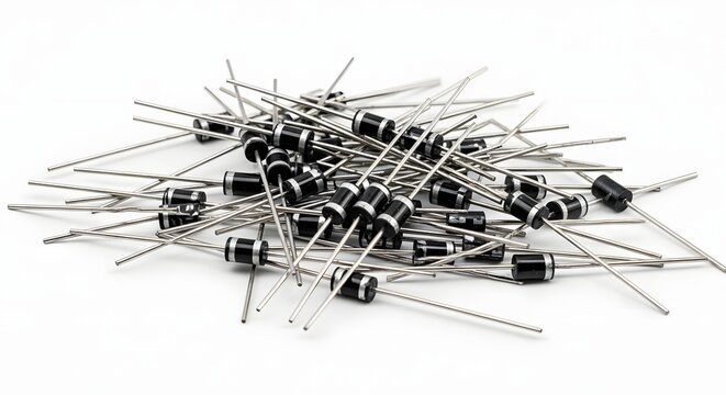 Group of black electronic diodes with silver pins on white background