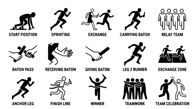A collection of vector graphics illustrating running and relay race actions