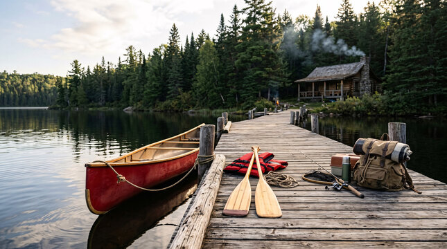 Rustic lakeside canoe and wooden dock beside a forest cabin at golden hour