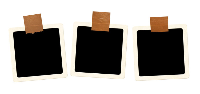 Template collage with three retro frame photos and adhesive tape. Moodboard pictures album for scrapbooking. Vintage style mood board layout. Isolated on white background. Copy space for photo
