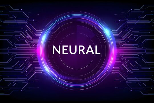 Cyberpunk neon purple and blue digital interface circle featuring neural text on black background for artificial intelligence and brain science concepts