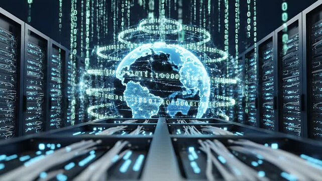 A futuristic digital globe composed of binary code floats within a server room, symbolizing global connectivity and data processing.