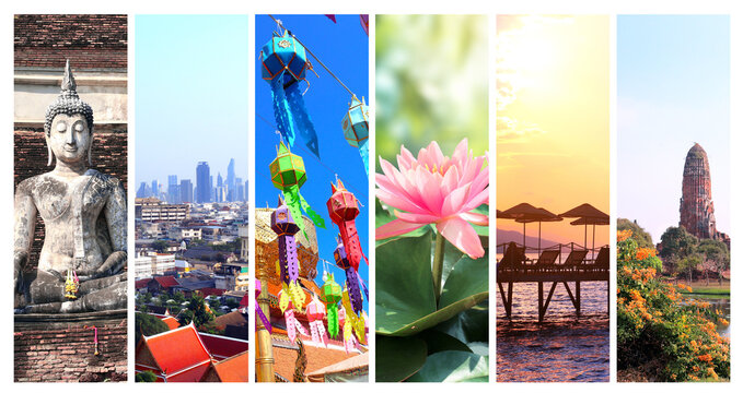 Welcome to Thailand. Travel, rest, vacation, holiday concept. Vertical banner with colourful scenes. View of beach, landmark of Chiang Mai, Ayutthaya, Bangkok. Topic of sightsee, trip, cruise, tour