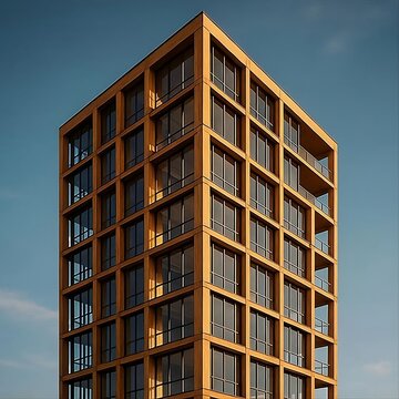 A realistic photo showcasing an innovative high-rise building made primarily of sustainable mass timber materials.