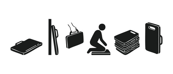 Kneeling pad icon set for knee protection and comfort in gardening or construction work, showing usage instructions and product storage for ergonomic support on hard surfaces, flat vector illustration © Fernando