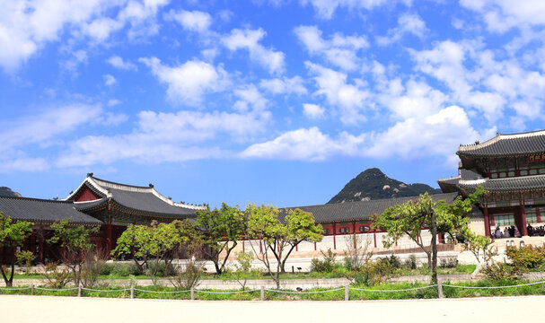 Ancient pavilions of Gyeongbokgung Palace, Seoul, South Korea. Beautiful landscape with Gyeongbokgung Palace complex and Inwangsan Mountain,  Seoul, Republic of Korea