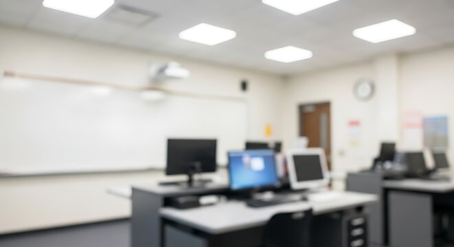 Blurred view of an empty modern computer lab classroom with multiple workstations and a whiteboard.