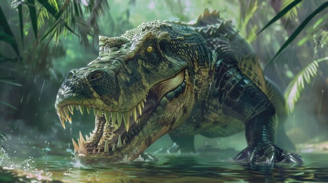 Majestic crocodile emerges from murky jungle waters. Razor-sharp teeth gleam in rain-drenched green gloom. Fierce eyes pierce through foggy, leaf-laden canopy. Ancient predator commands primal