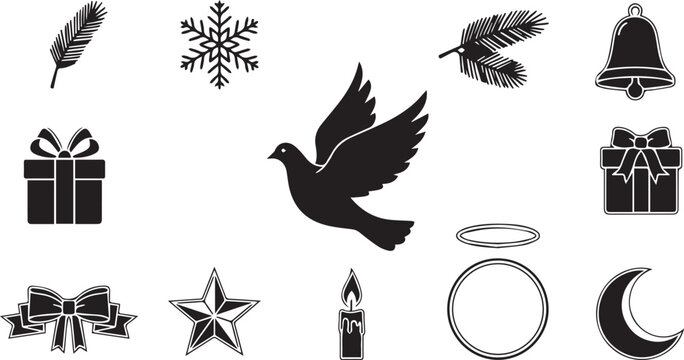Christmas Dove Holiday Silhouette Elements Set Isolated on White Background