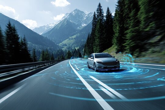A sleek car navigates a scenic mountain road with futuristic sensor data visualisations