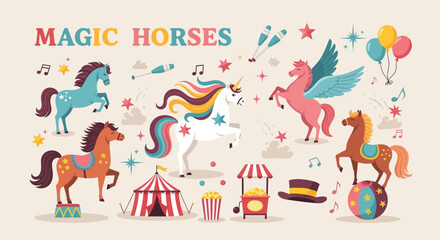 Naklejka premium Whimsical cartoon illustration set featuring magical horses, unicorns, Pegasus, and circus elements for enchanting designs