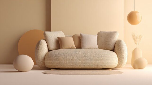 Soft beige sofa with textured cushions sits in minimalist room. Warm tones dominate walls, floor, and spherical decor. Cushions display subtle patterns, enhancing cozy, inviting atmosphere