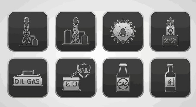 Monochrome vector icon set depicting key components of the oil and natural gas industry, showcasing exploration, extraction, processing, and distribution symbols